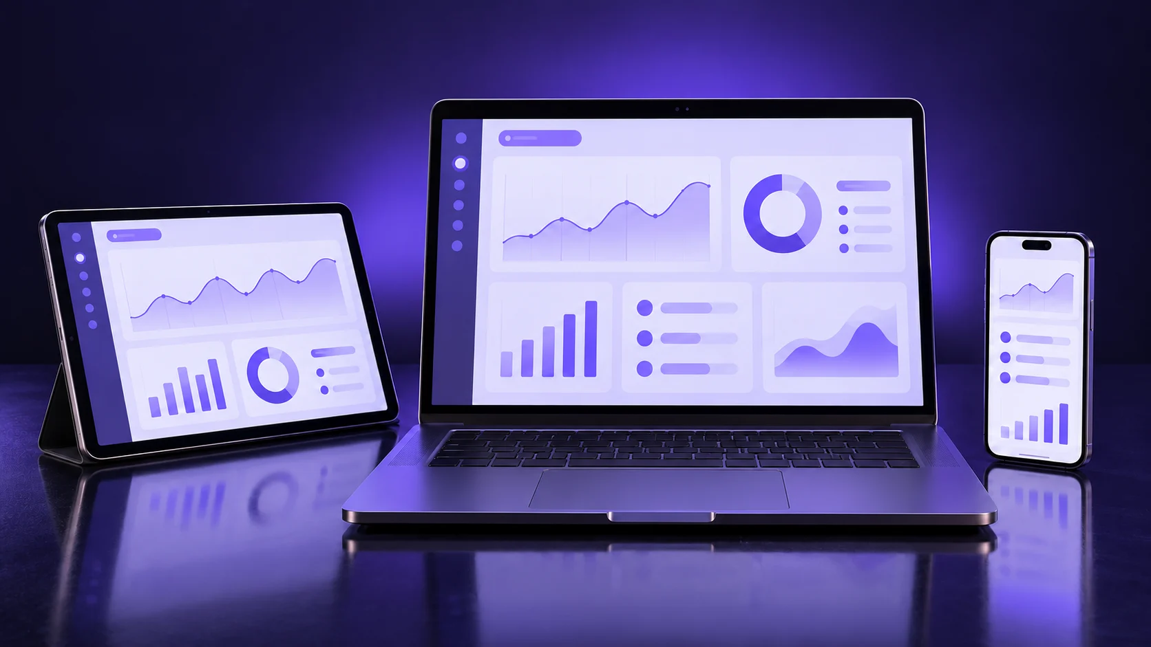 Conceptual laptop, tablet, and phone displaying finished software