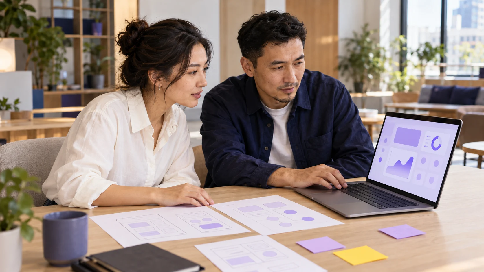 Illustrative software team discussing a product at a desk